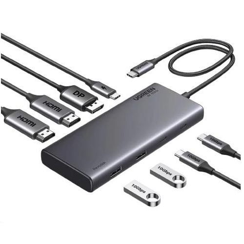 UGREEN CM639 8 -In -1 Docking Station- USB-C to 2*USB3.0/2*USB-C 3.2 Gen 2/2*HDMI (4K @ 60 Hz)/1*DP(4K @ 60 Hz)/RJ45/SD&TF/100W PD port Converter