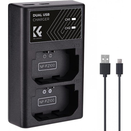 K&F Concept Sony NP-FZ100 Dual Slot Quick Battery Charger, Micro USB and Type-C Charger